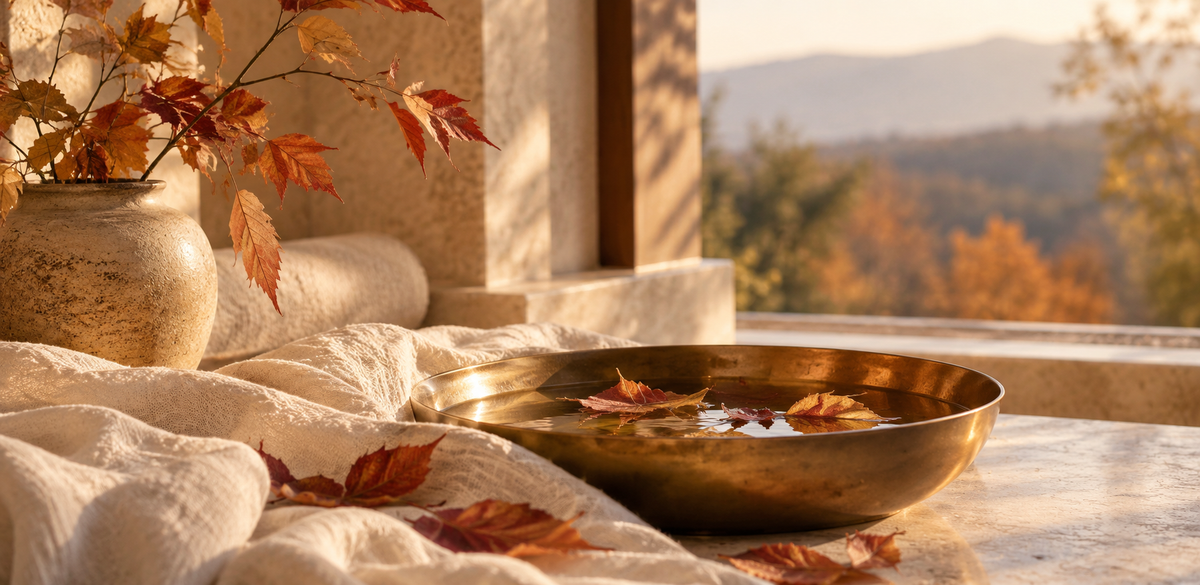 Warm autumn morning light on an Ayurvedic-inspired wellness still life with copper leaves, soft linen, and a brass water bowl